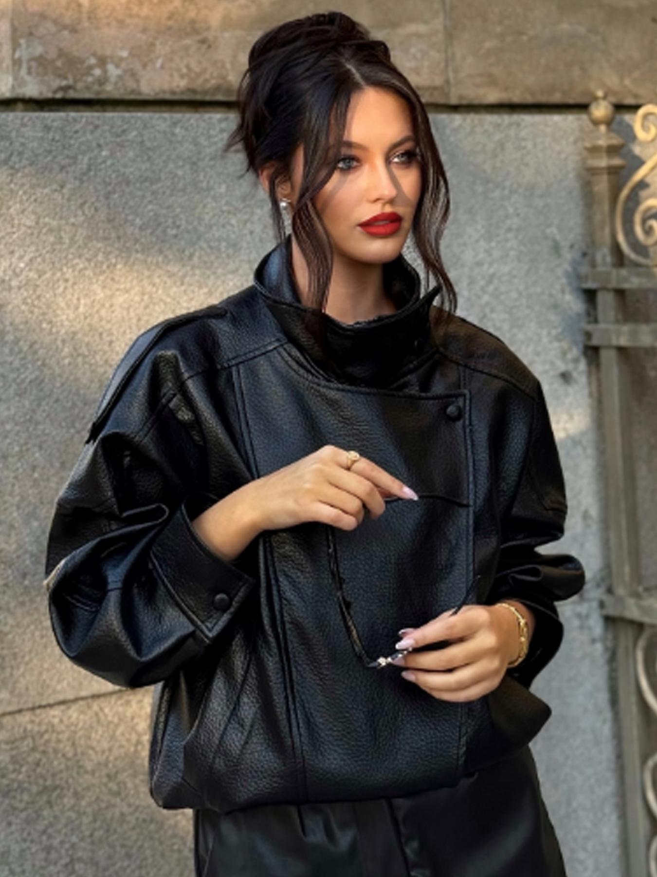 2026 Women's Black PU Leather Jacket, Oversize Asymmetrical Outerwear with Zipper, Long Sleeve Street Style Biker Jacket for Autumn