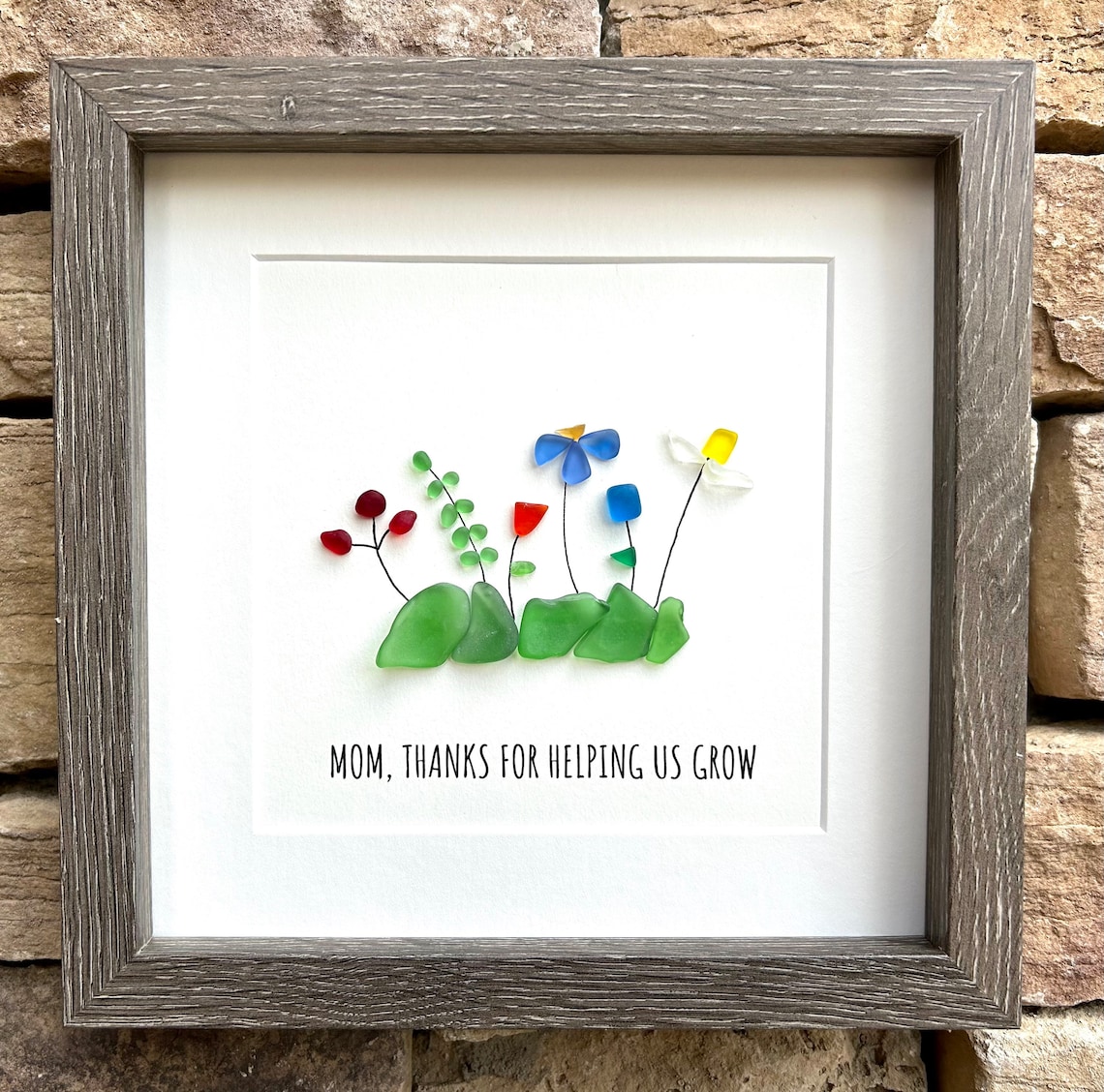 Mothers Day Sea Glass Flowers, Framed 9x9 Picture, Unique Gift for Mom, Personalized Mother's Day Gift image 1
