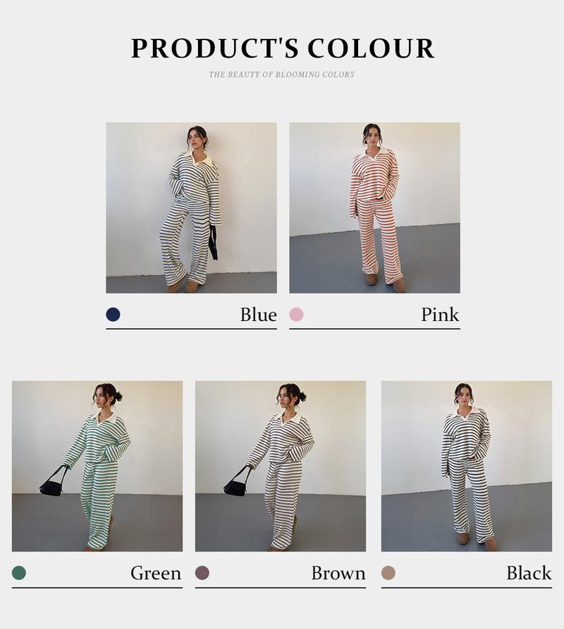 KatchMe Women's Casual Color Matching Stripe Long Sleeve Top & Wide Leg Trousers Co-ord, Soft V-Neck Loose Two Piece Outfits, Comfortable Womenswear #BlackFriday#