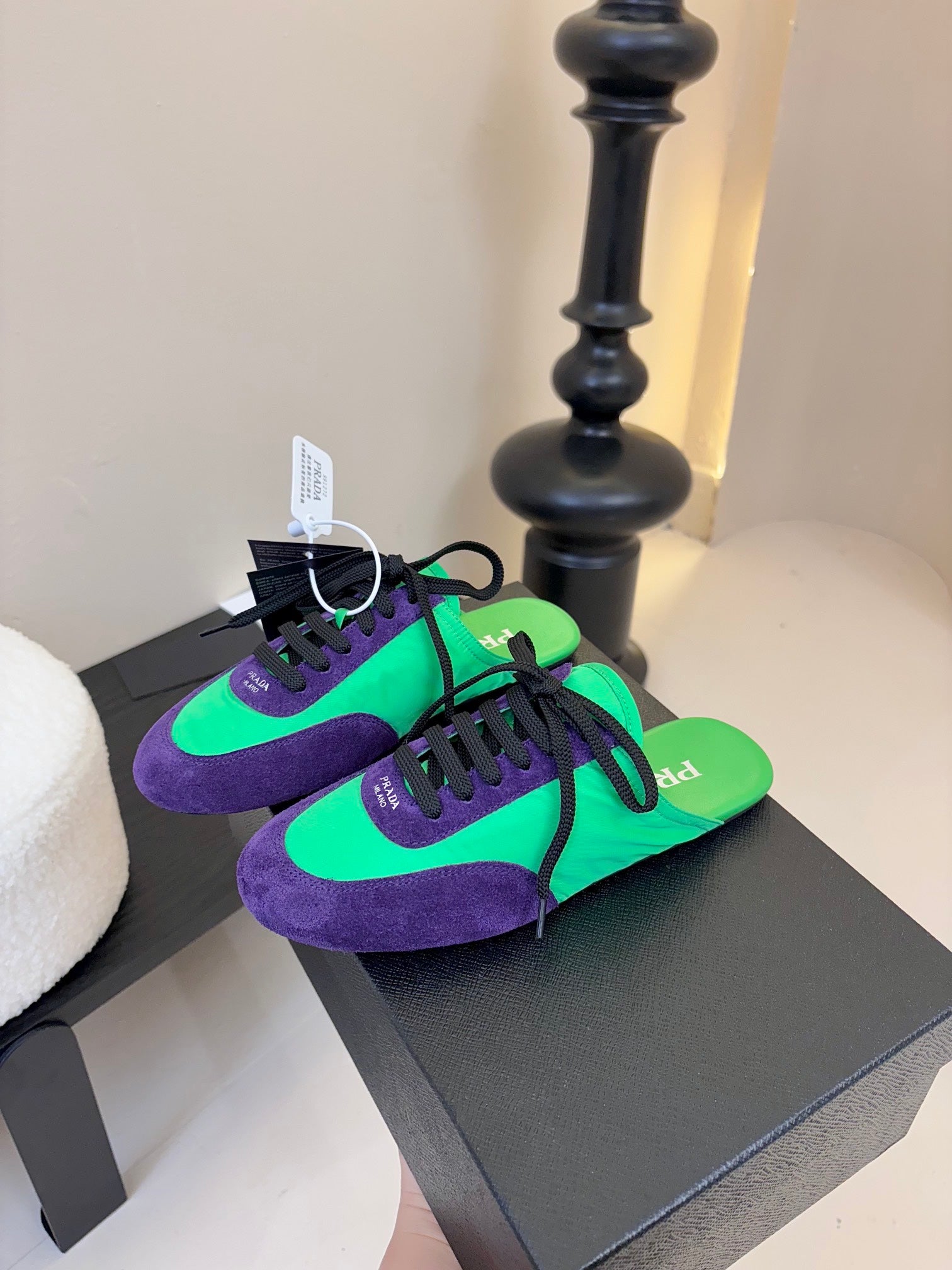 SNEAKER MULES IN GREEN NYLON AND PURPLE SUEDE、mysite、Cacoeks