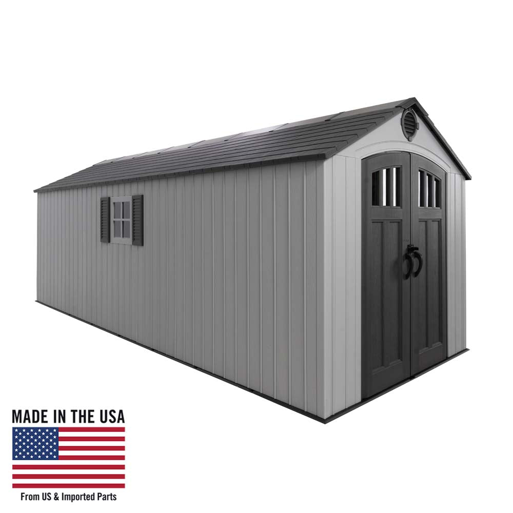 Side view of the Lifetime 8 ft x 20 ft Outdoor Storage Shed, showing the detailed design and structure with a window and door.