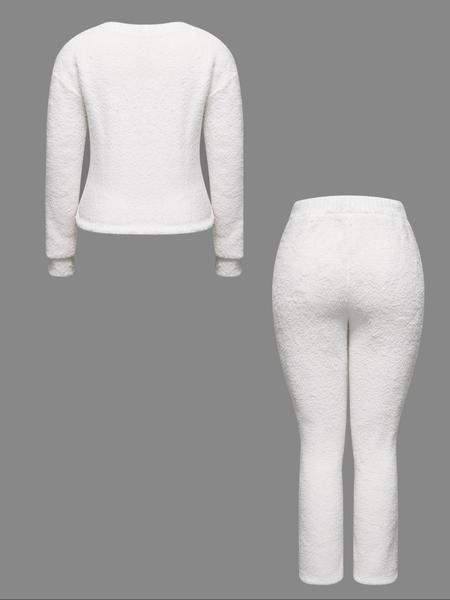 Women's Two-Piece Casual Set, Solid Color Long Sleeve Top & Elastic Wide-Leg Pants Pjs, Comfortable Minimalist Round Neck Sleepwear