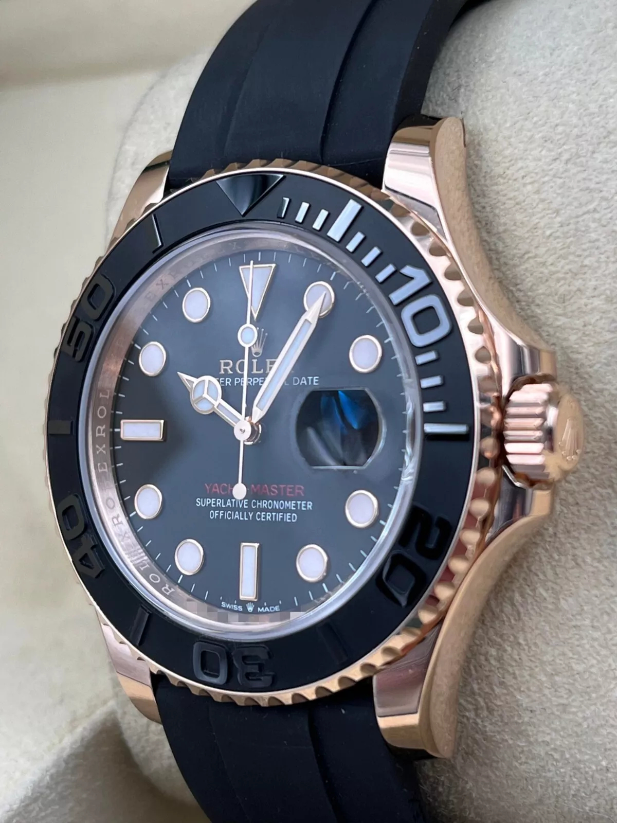 Rolex Yacht Master 18k Rose Gold Super Clone Swiss Replica Watch OysterFlex Rubber Strap Ref 126655 3235 Swiss Movement