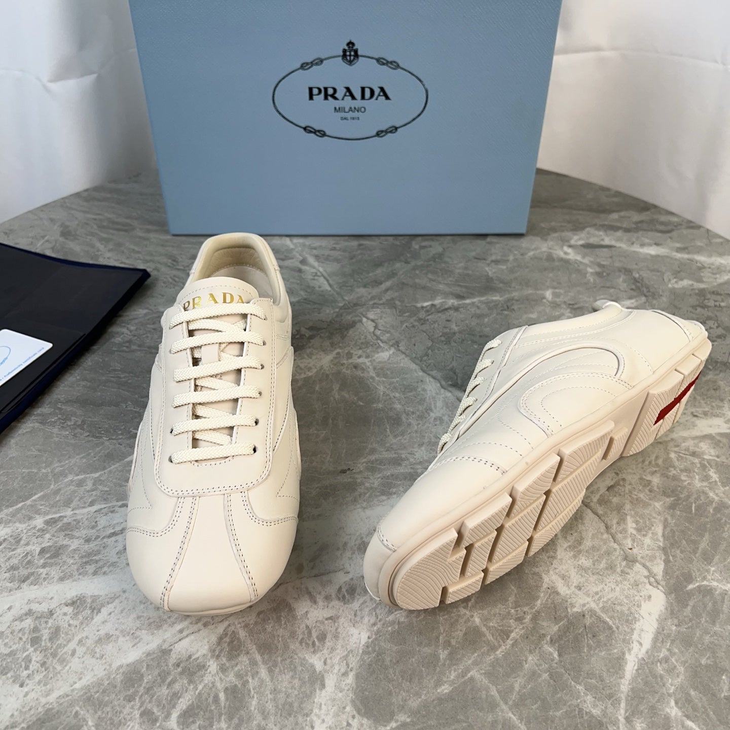 PRADA 25S MONTECARLO ANTIQUED SNEAKERS IN CHALK WHITE NAPPA LEATHER、mysite、Cacoeks