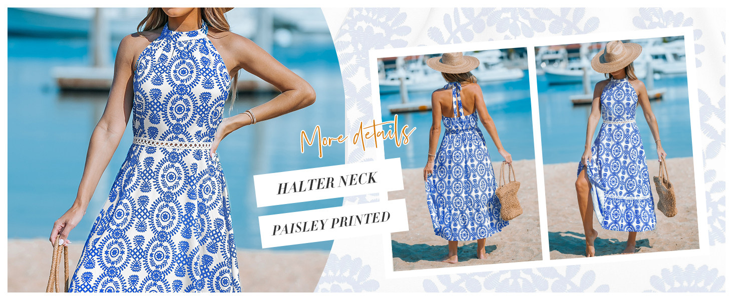 blue paisley maxi dress halter neck for women