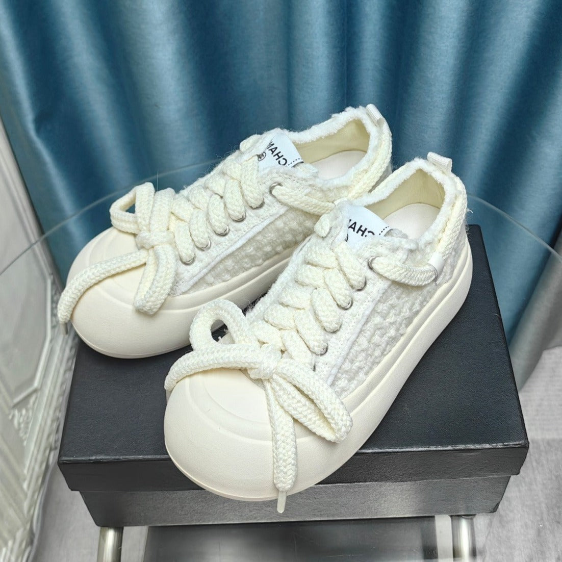THICK-SOLED SHOES IN WHITE WOVEN WOOL、mysite、Cacoeks