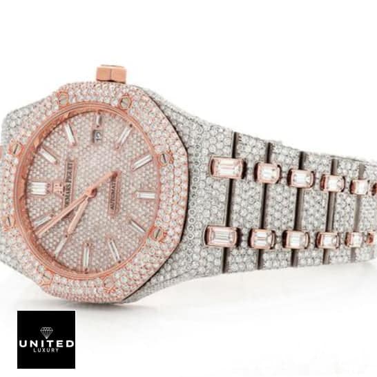 Audemars Piguet Royal Oak Selfwinding 15400SR.OO.1220SR.01 Iced Out Replica audemars piguet selfwinding replica left Two tone Ap Diamond replica horizontal and white backgorund view
