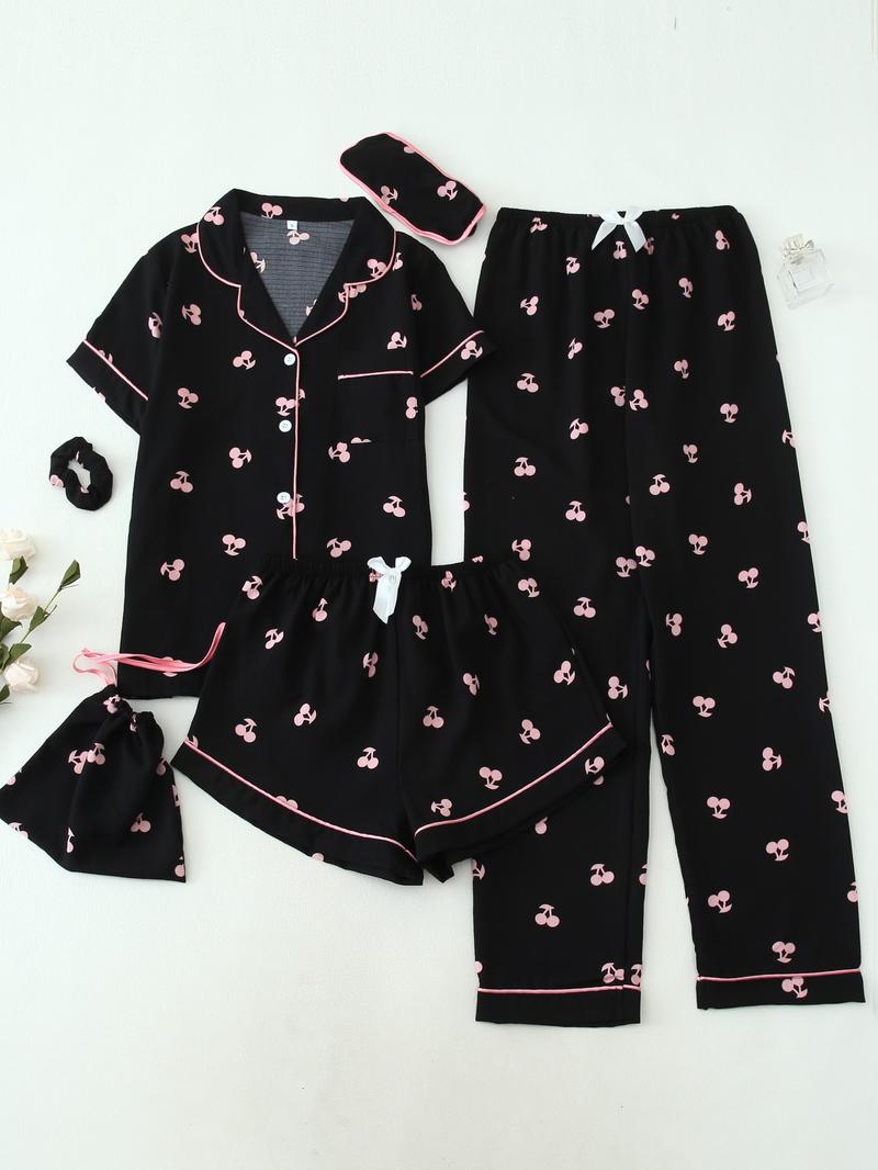 Women's All Over Print Top & Shorts & Pants & Accessories Pyjama Set, Casual Comfy Pj Set, Ladies Sleepwear for All Seasons