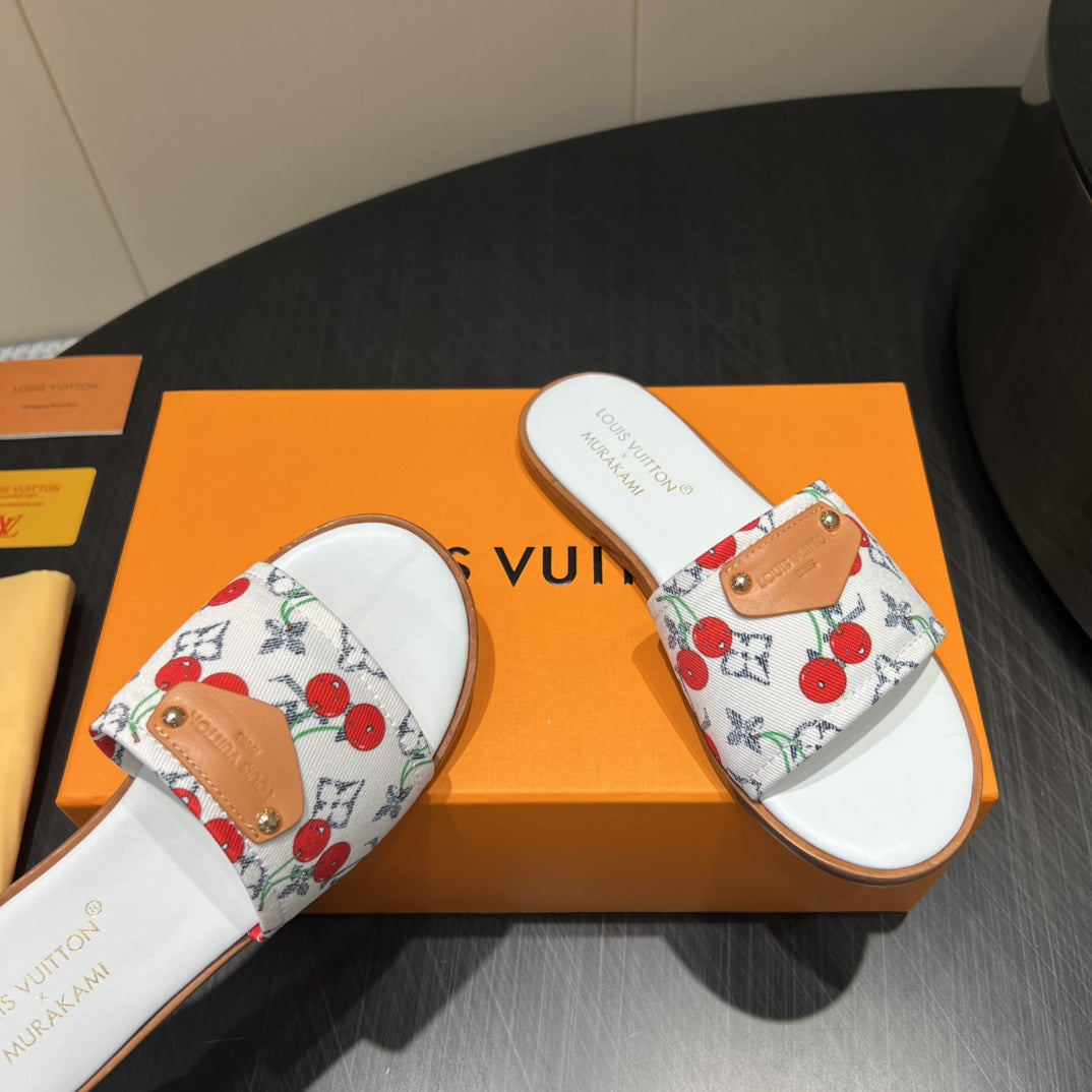 LV SLIDE SANDALS 25S IN WHITE DENIM AND CALFSKIN WITH LOGO PRINT、mysite、Cacoeks