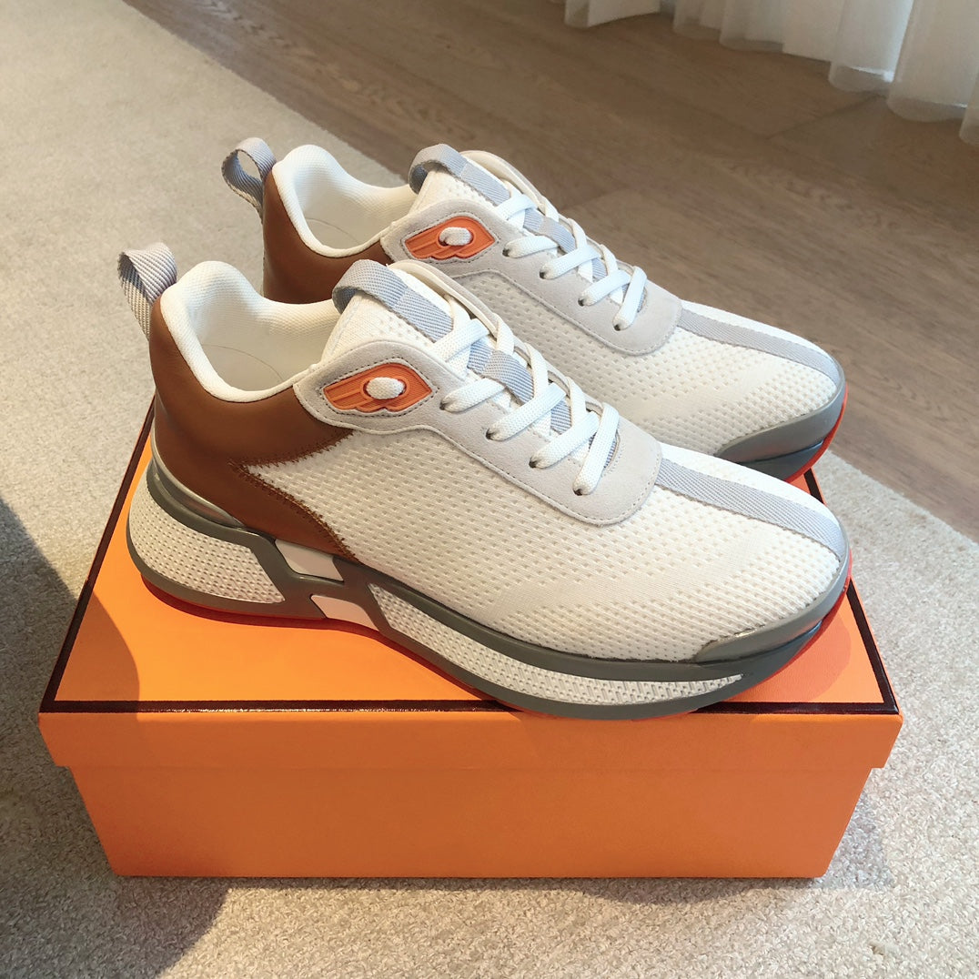 HEROS SNEAKER IN WHITE BREATHABLE MESH FABRIC AND BROWN CALFSKIN、mysite、Cacoeks