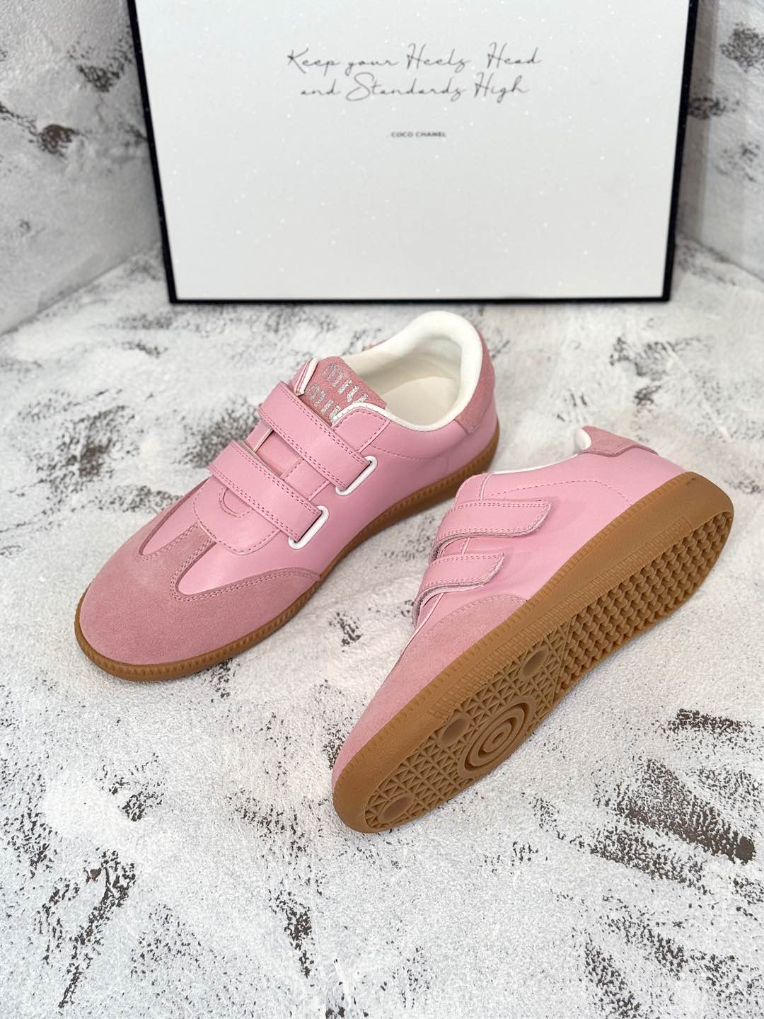 RETRO SNEAKERS WITH RIPTAPE STRAPS IN PINK LAMBSKIN MIX SUEDE、mysite、Cacoeks