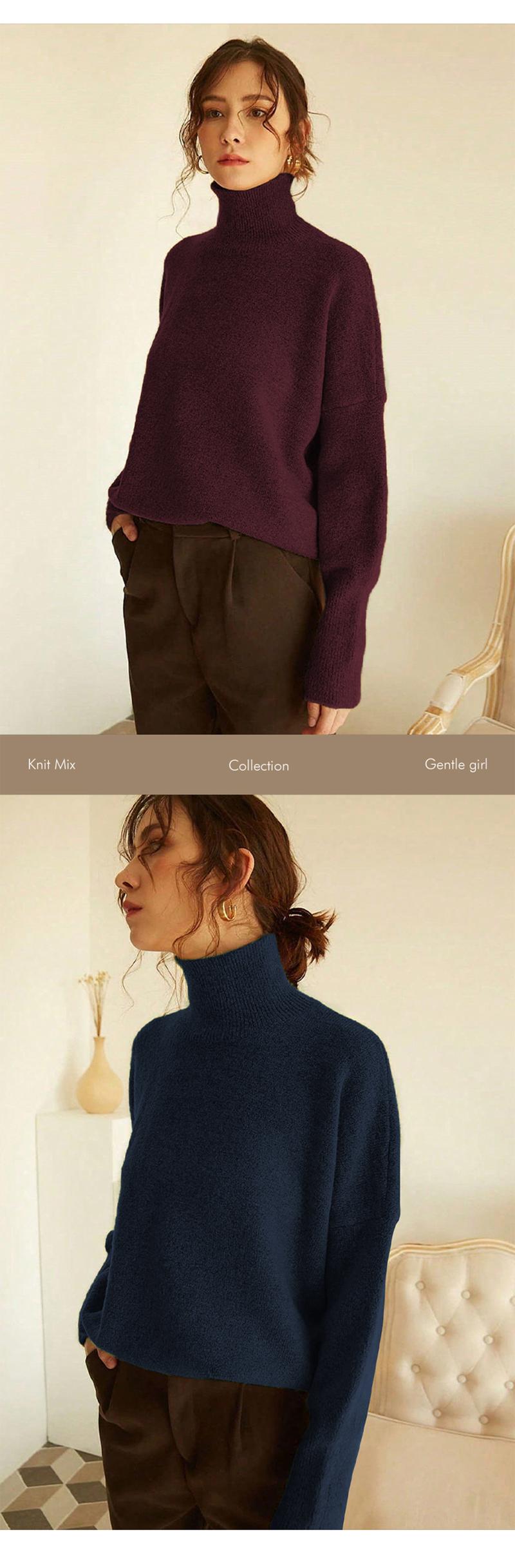 Autumn Winter Women's Knit Sweater High Neck Loose Casual French Style Elegant Simple Solid Color Pullover Long Sleeve Top