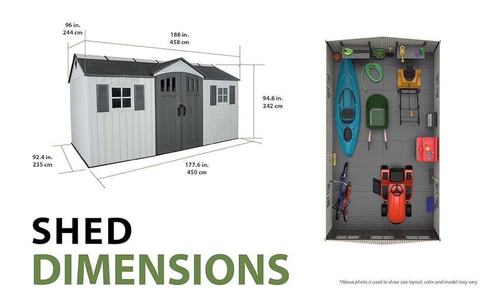 exterior shed dimensions in inches and centimeters, shed layout example