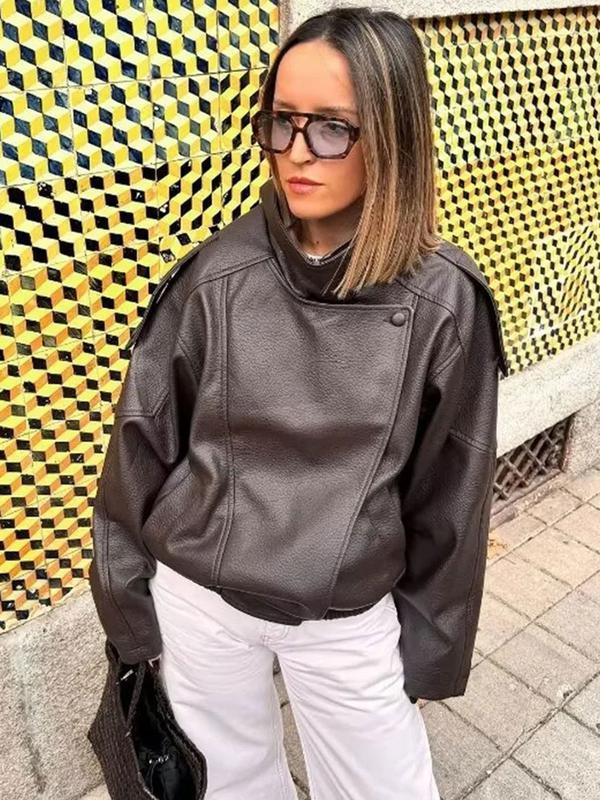 BB-2026 Hot Selling-Faux Leather Stand Collar Oversized Moto Jacket, Elastic Hem Streetwear, Casual Long Sleeve Water- and Wind-Resistant Outerwear for Spring & Fall, Ladies Clothes for Daily Wear, Chic Outerwear