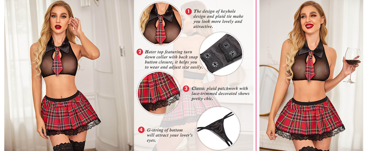  Sexy Schoolgirl's Outfit for Womens Costumes Lingerie Set with Tie Top Shirt and Mini Skirt