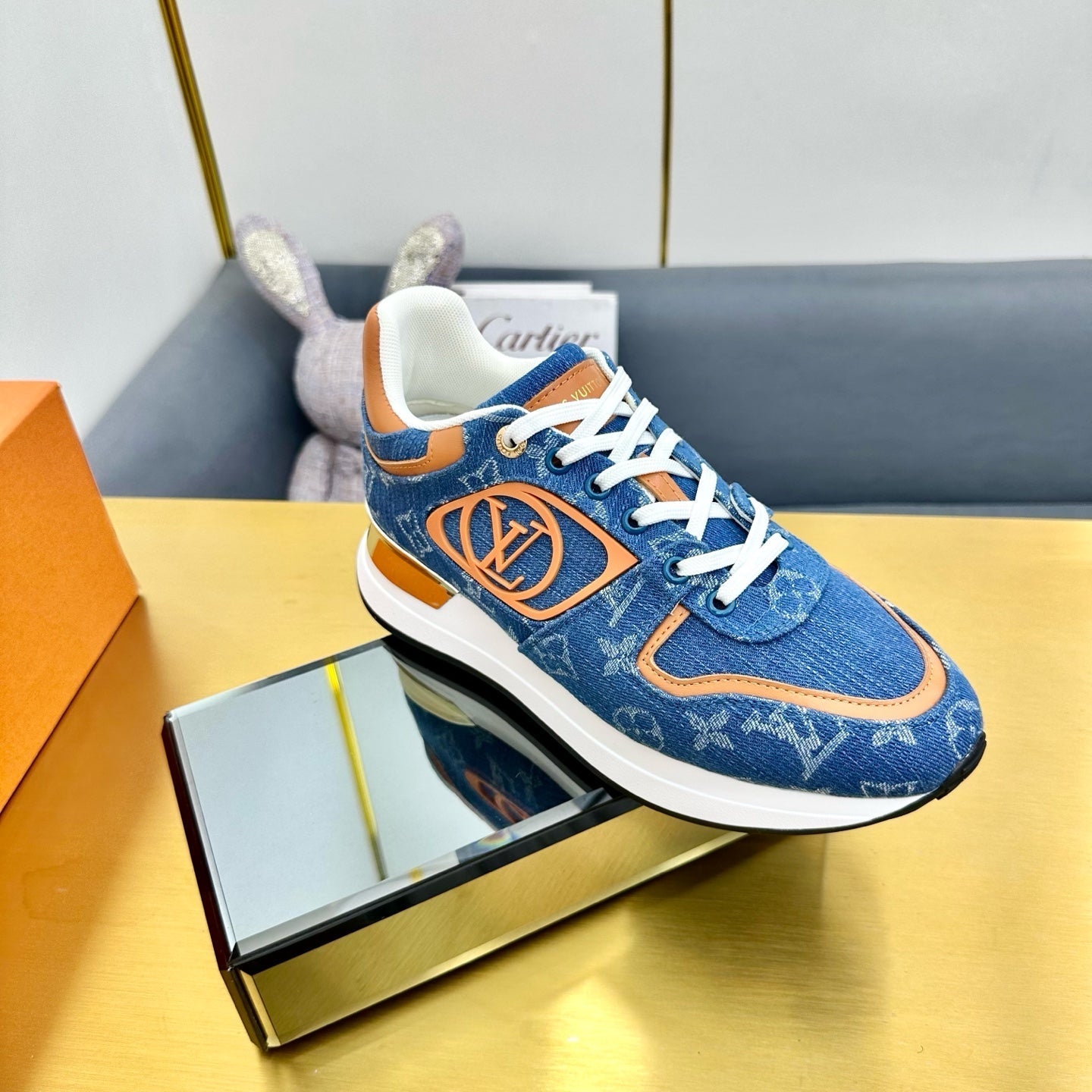 NEO RUN AWAY SNEAKER IN CLASSIC BLUE MONOGRAM DENIM AND ORANGE CALFSKIN、mysite、Cacoeks