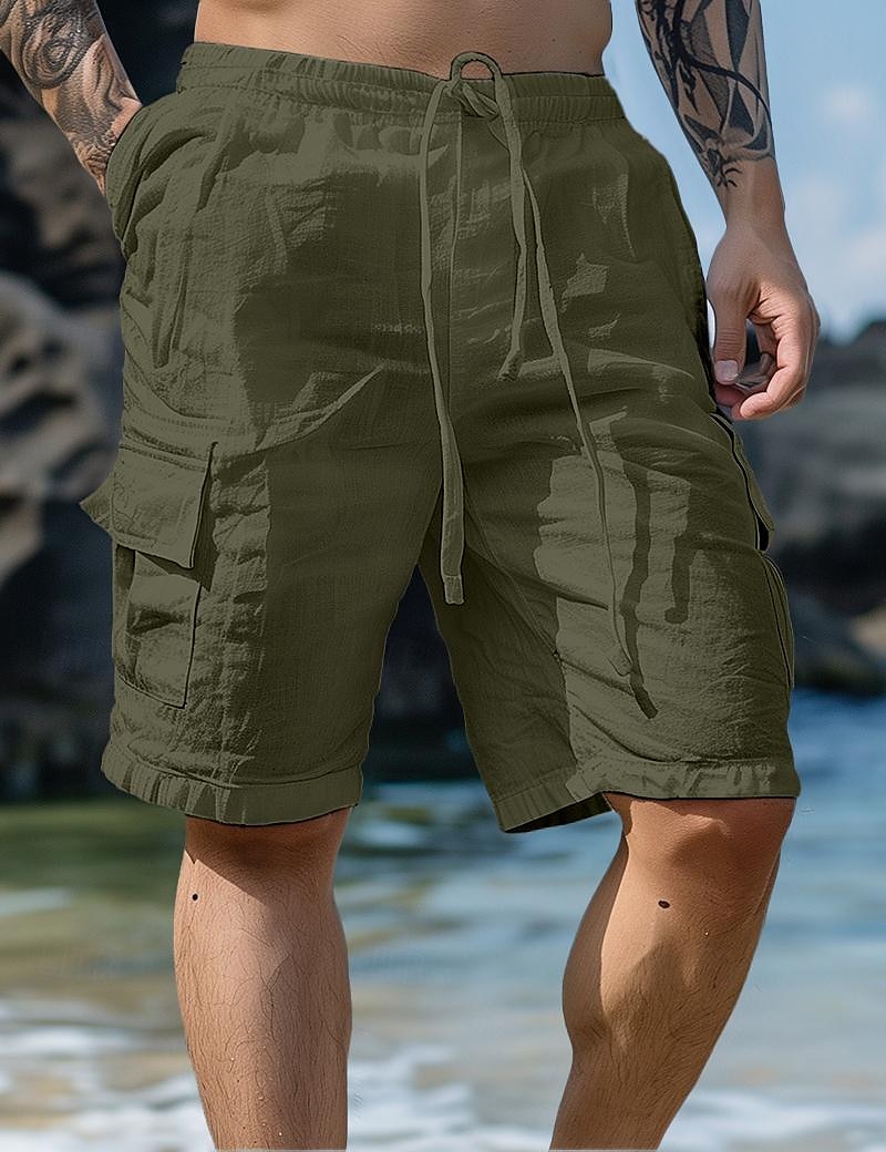 Men's Shorts Linen Shorts Summer Shorts Beach Shorts Drawstring Elastic Waist Multi Pocket Plain Knee Length Outdoor Beach Hawaiian Casual ArmyGreen Black Inelastic 2025 - $17.99 –P4