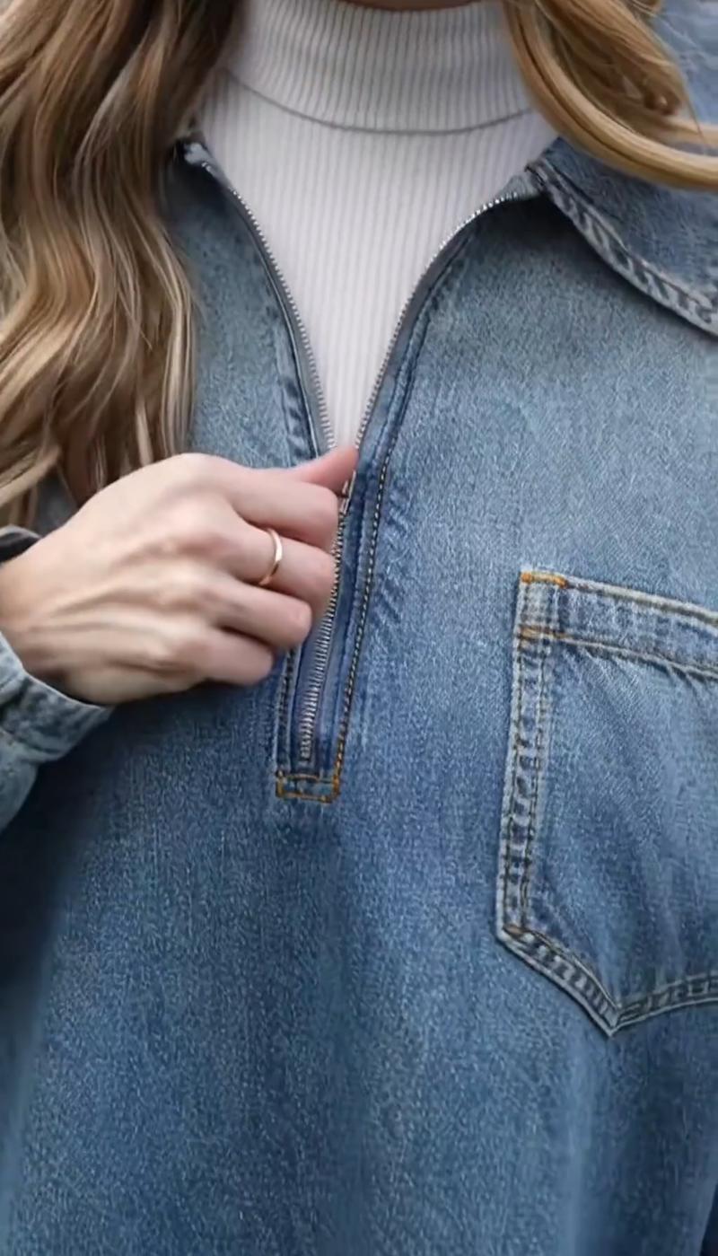 Elengatine Women's Denim Dress Half-Zip Collared Design Vintage Washed Blue Loose Fit Long Sleeve One Chest Pocket Trendy Casual Top Perfect for Daily Wear & Street Style Looks Short Womenswear Zipper Cowboy - Polo