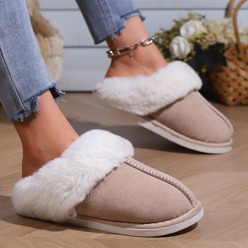 Warm Women's Plush Fleece-Lined Slip-On Moccasin with Fluffy Detail - Non-Slip Winter Home Slippers on Flat Platform Sole. So Cozy!