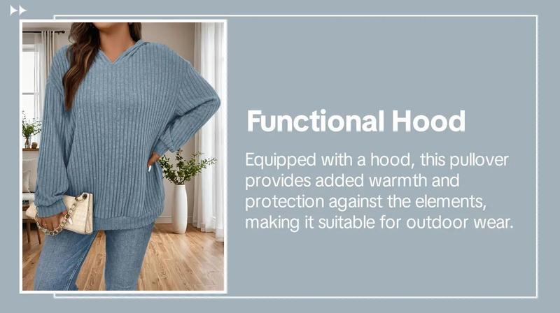 Plus Size Plain Textured Drop Shoulder Hoodie, Lady Casual Comfort Long Sleeve Pullover for Spring & Fall, Country Outfits, Women's Plus Size Clothes for Daily Wear, Going Out Top, Spring Knitted Hoodie