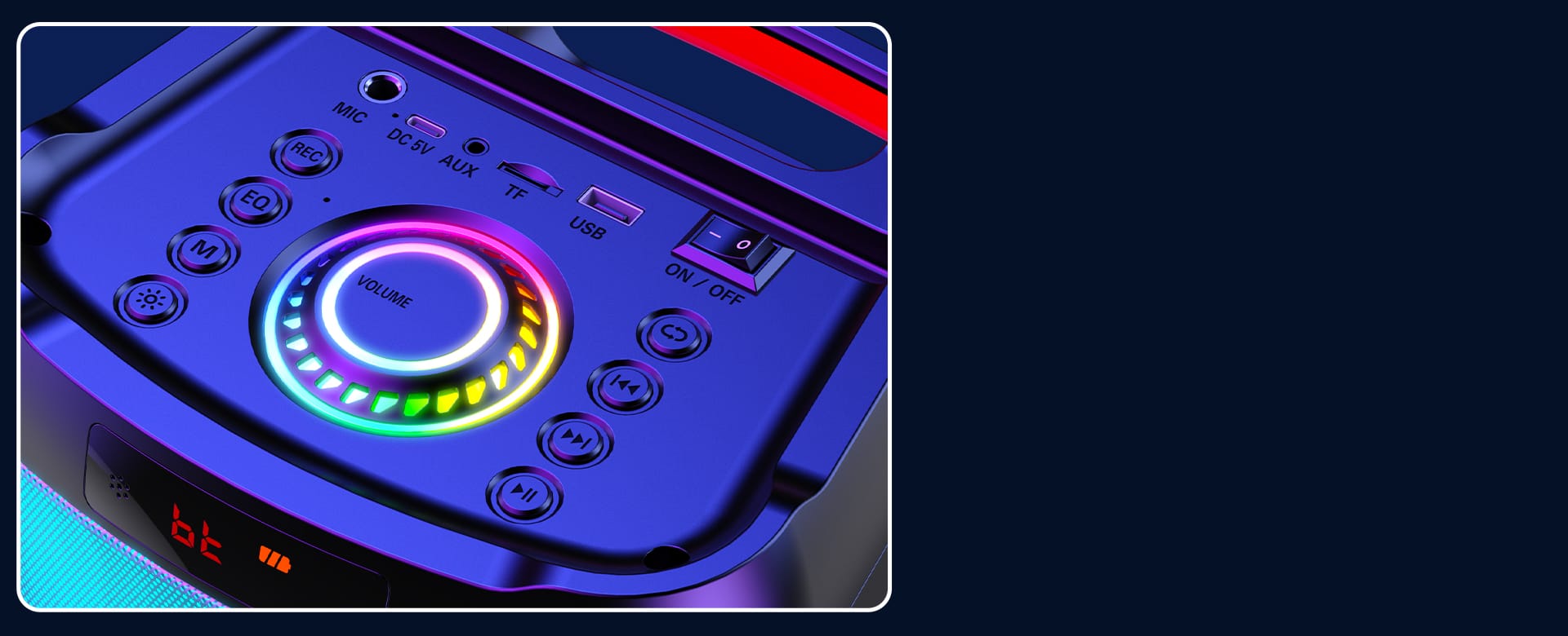 Control panel of JYX karaoke machine with lighting around volume knob