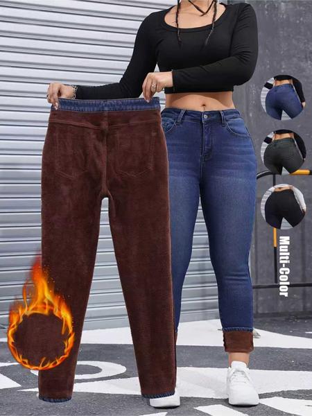Women's Fall Winter Fleece Lined Denim Jeans, Elegant Woven Fabric, Thicken Warm Comfortable Pants, High Waist Slim Fit Design