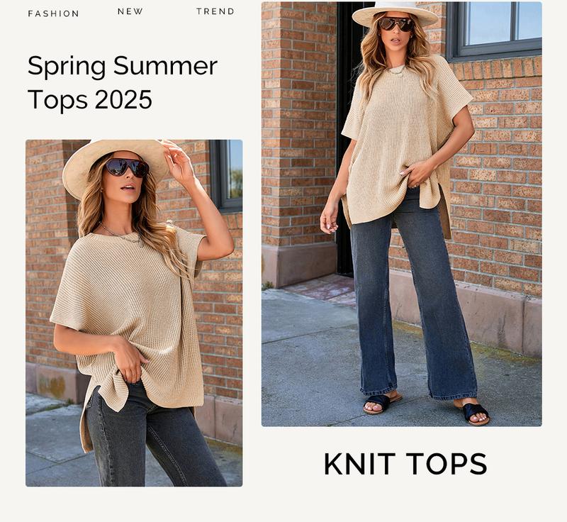 Product Introduction of SHEWIN 2025 Women’s Going Tops Trend – Oversize Drop-Shoulder Loose-Fit Crewneck Short-Sleeve Knit Sweater Pullover, Casual Soft Cotton-Blend Summer Womenswear Knitwear for Daily Wear, Trendy Multi-Color Tops Knitting sweater Bridal 2