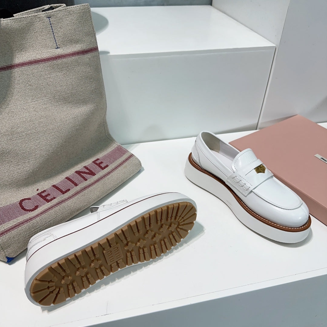 Thick-Soled Loafers Shoes White Cowhide、mysite、Cacoeks