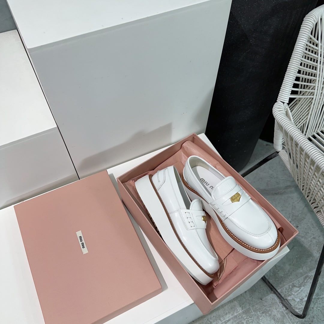 Thick-Soled Loafers Shoes White Cowhide、mysite、Cacoeks