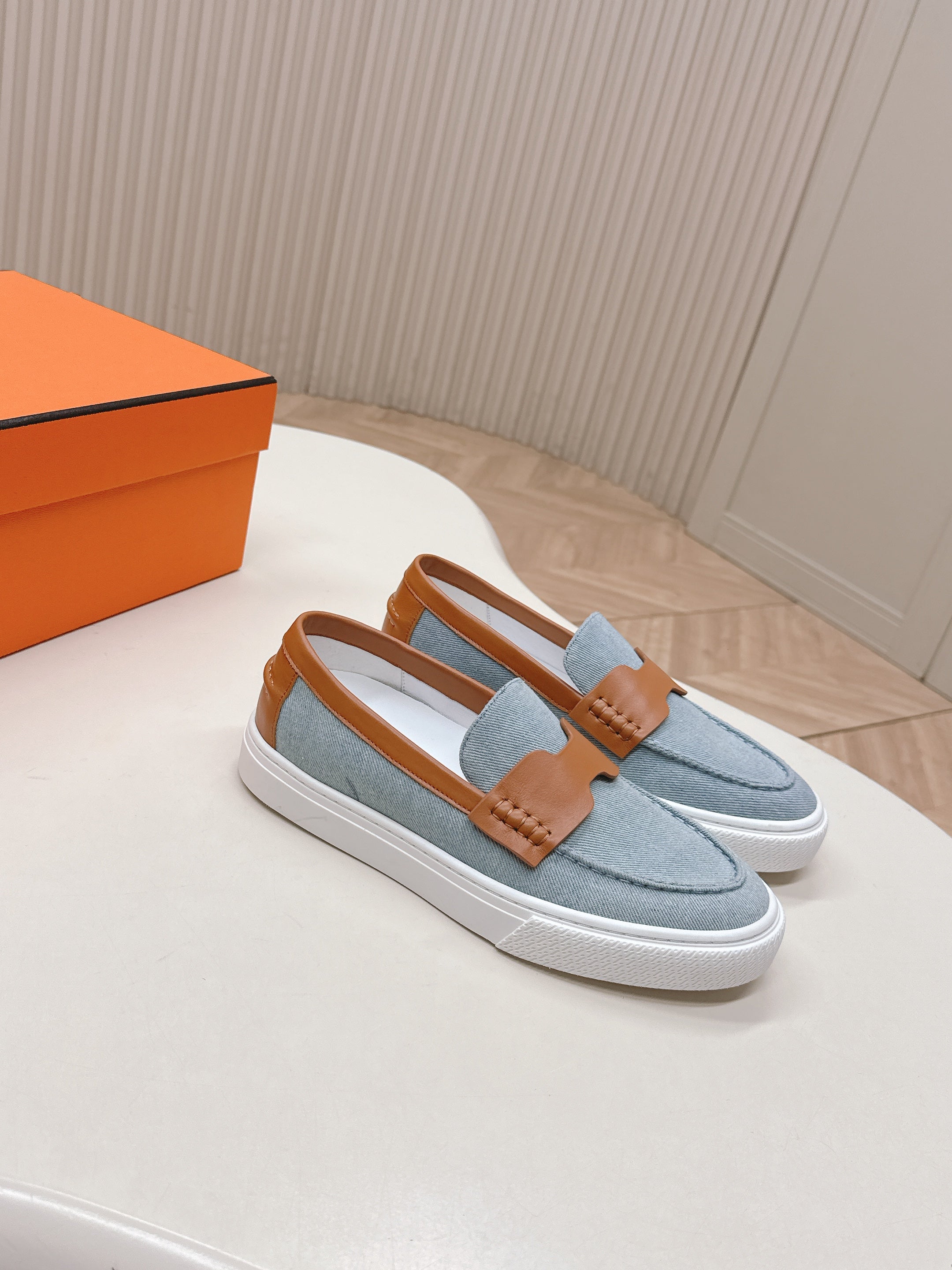 HM 25S SLIP-ON IN BLUE DENIM AND BROWN LAMBSKIN、mysite、Cacoeks