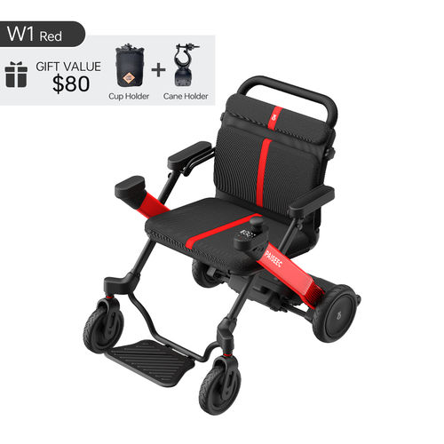 PASEEC W1 Red folding electric wheelchair with cup and cane holder, compact design and comfortable seating