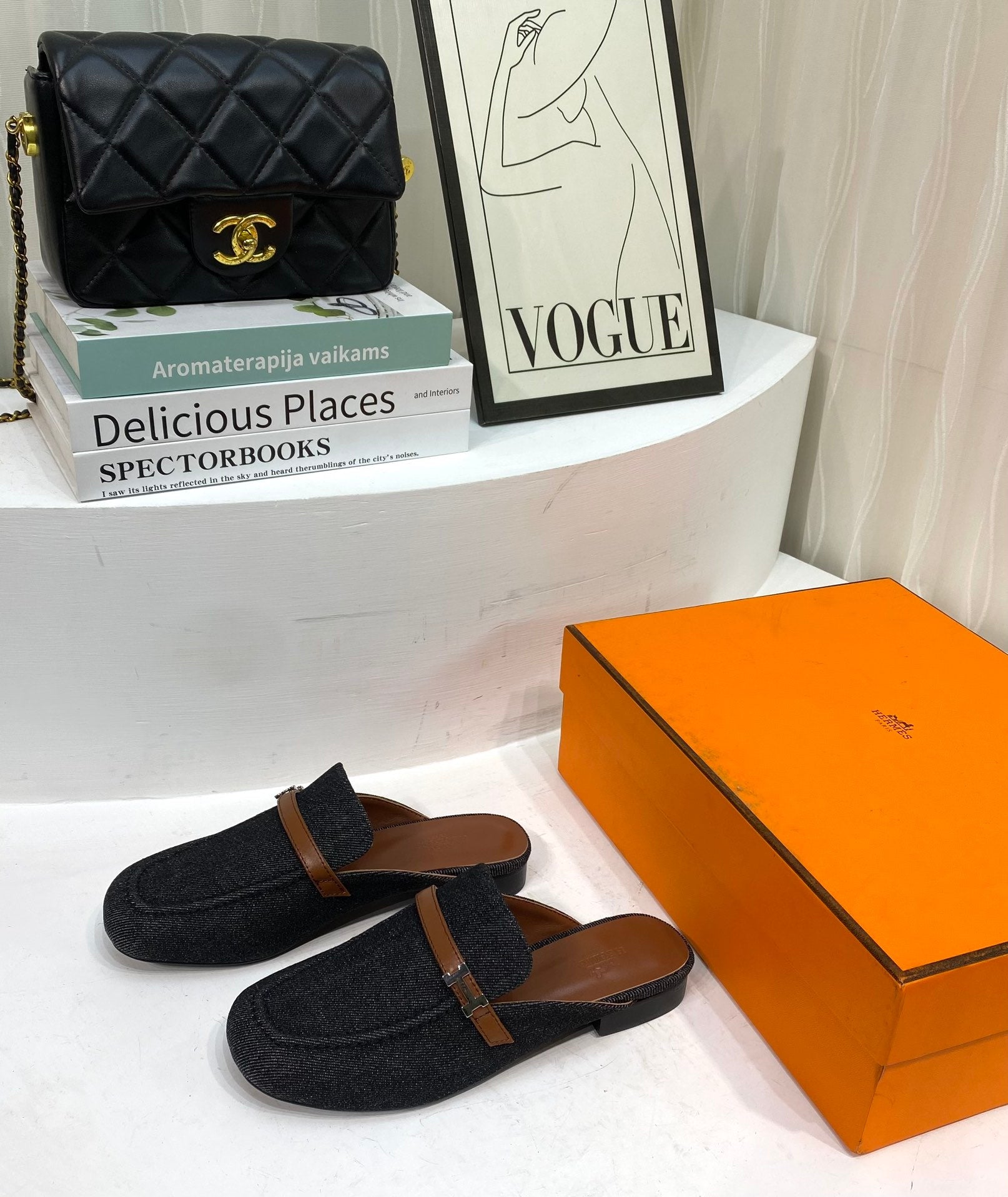 IENA MULE BLACK CANVAS AND BROWN CALFSKIN、mysite、Cacoeks