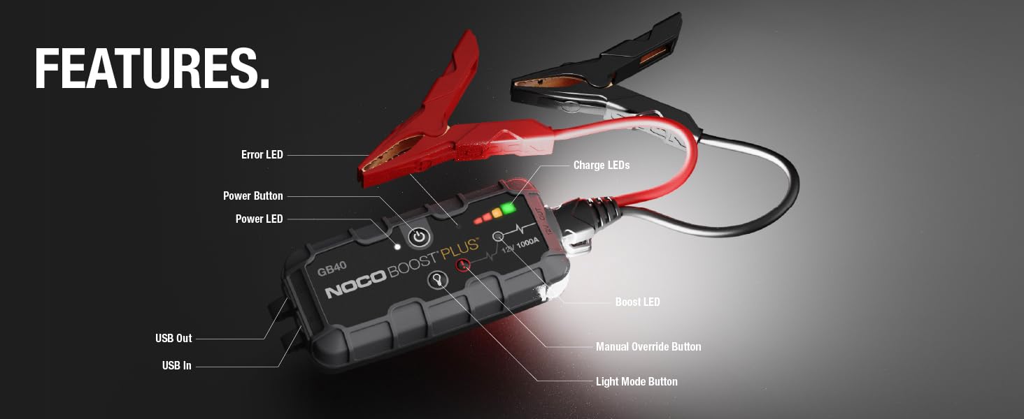 Features. Includes USB in and out ports, LED flashlight, and manual override button.