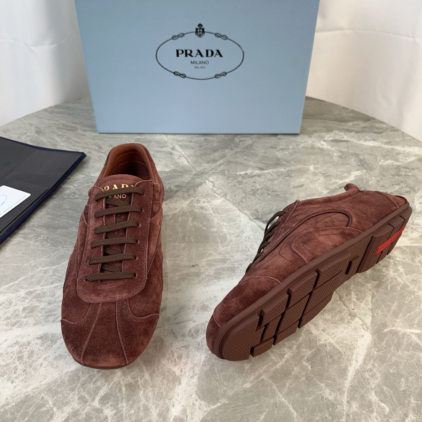 PRADA 25S MONTECARLO ANTIQUED SNEAKERS IN MAHOGANY BROWN SUEDE、mysite、Cacoeks