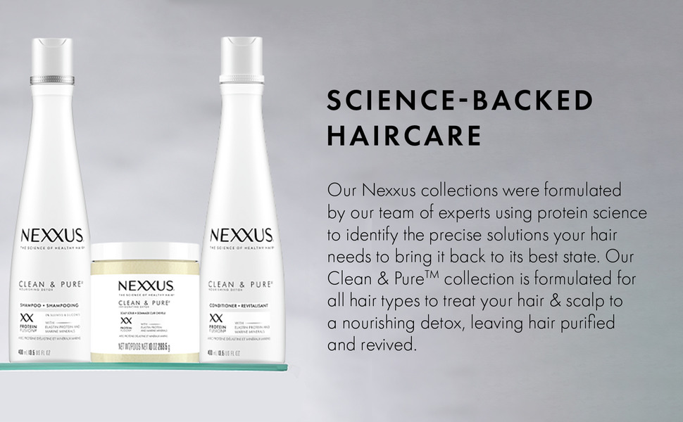 Product shot of Nexxus Shampoo, Conditioner, and Scrub on a gray background.