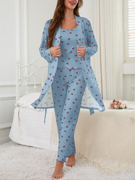 Cherry Print Women's Nightgown Set + Strap Pants, Comfortable Casual Home Wear, All-Season Fitted Sleepwear, Moderate Fabric Cherry Print Women's Nightgown Set + Strap Pants, Comfortable Casual Home Wear, All-Season Fitted Sleepwear, Moderate Fabric