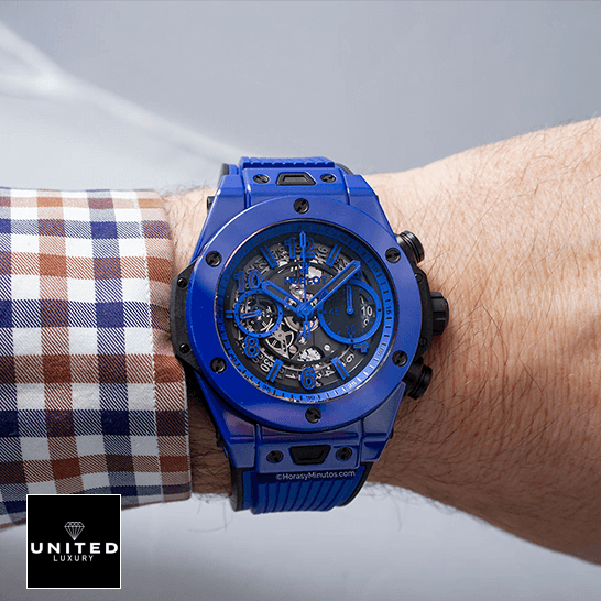 Hublot Blue Watch Replica Hublot Big Bang Ujnico Blue Magic 411.ES_.5119 Replica on the man wrist