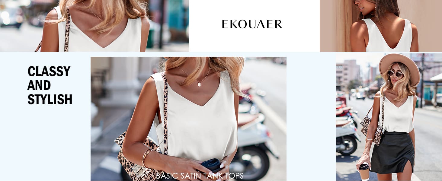 Ekouaer Stylish V-neck Silk Tops