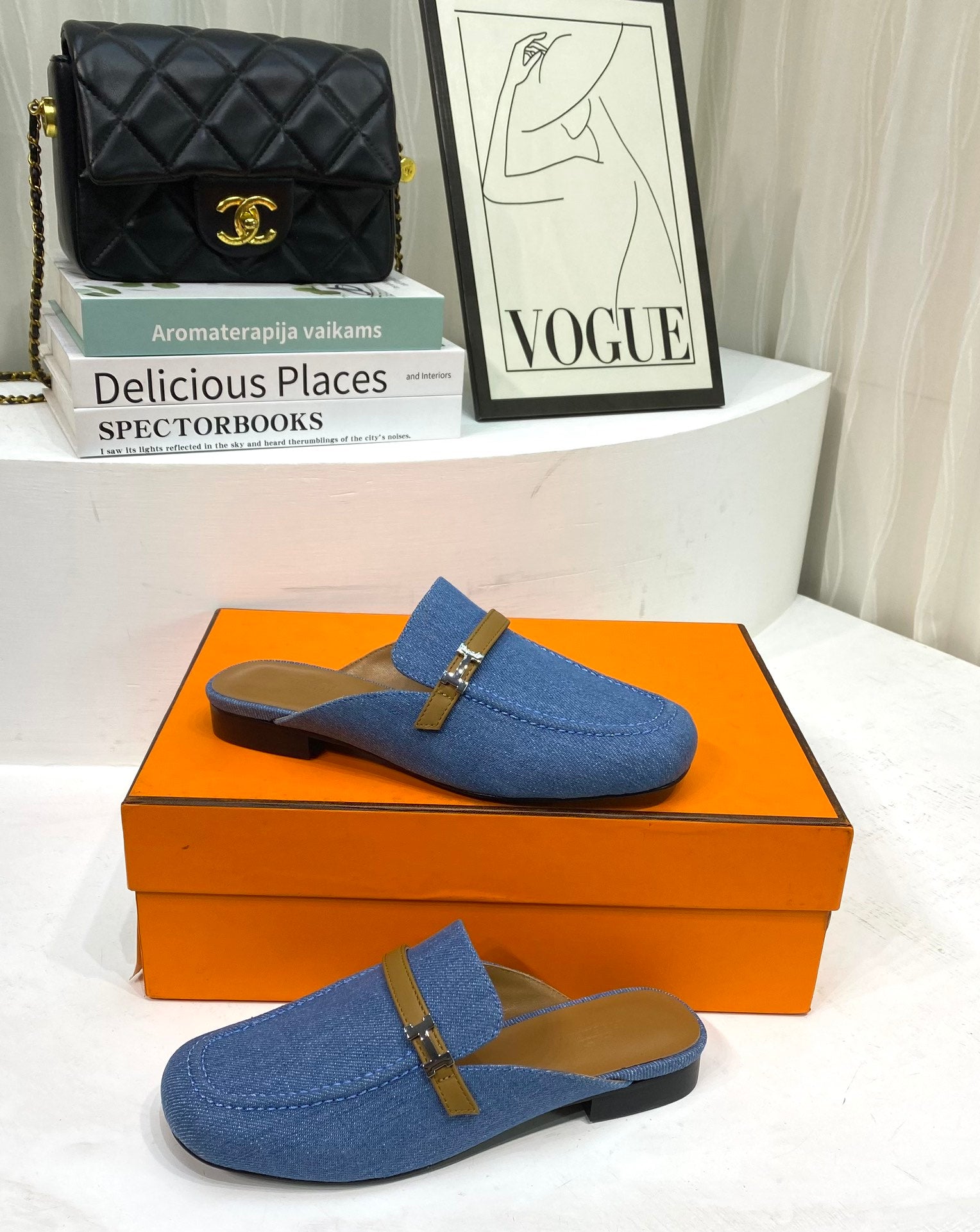 IENA MULE LAPIS CANVAS AND CARAMEL CALFSKIN、mysite、Cacoeks