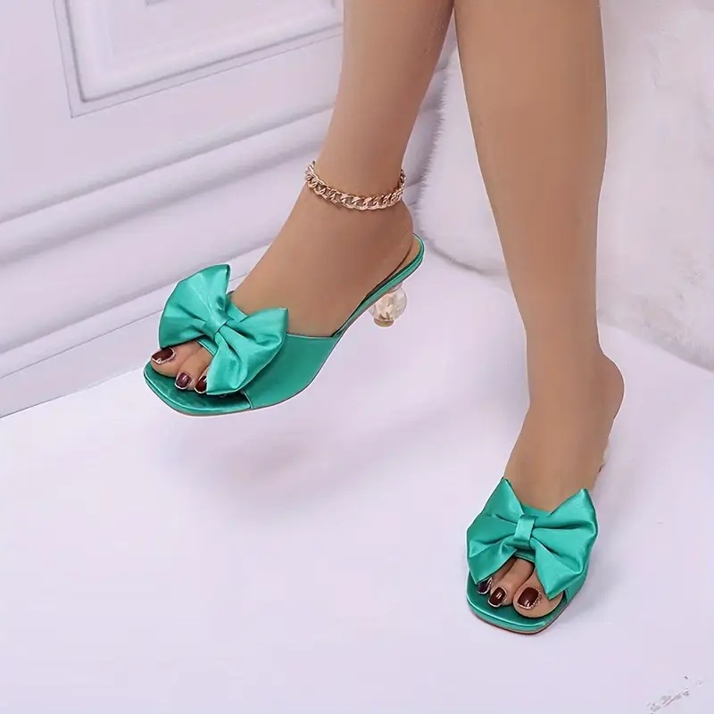 Women s Bowknot High Heels, Fashion Solid Color Square Open Toe Sandals, Stylish Party Dress Shoes details 1