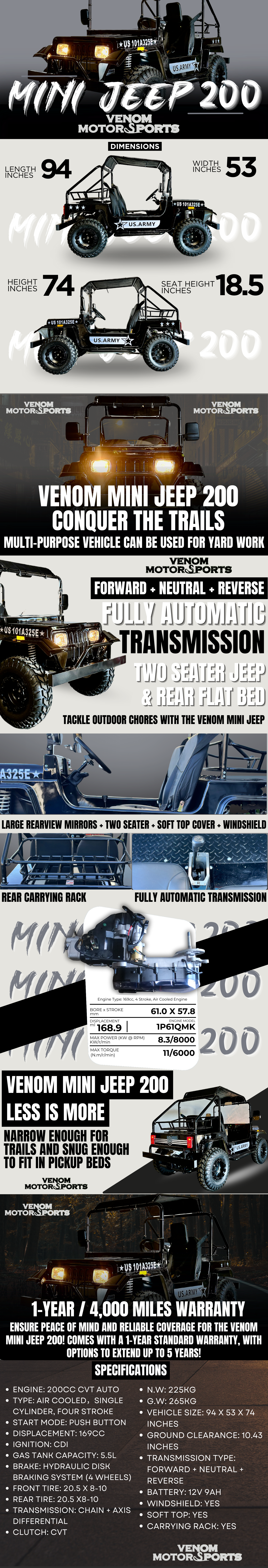 Venom Mini Jeep 200cc for adults | UTV golf cart 200cc jeep willy's edition style