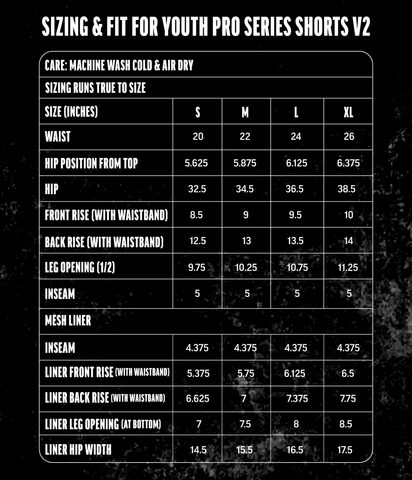 Pro series shorts size chart