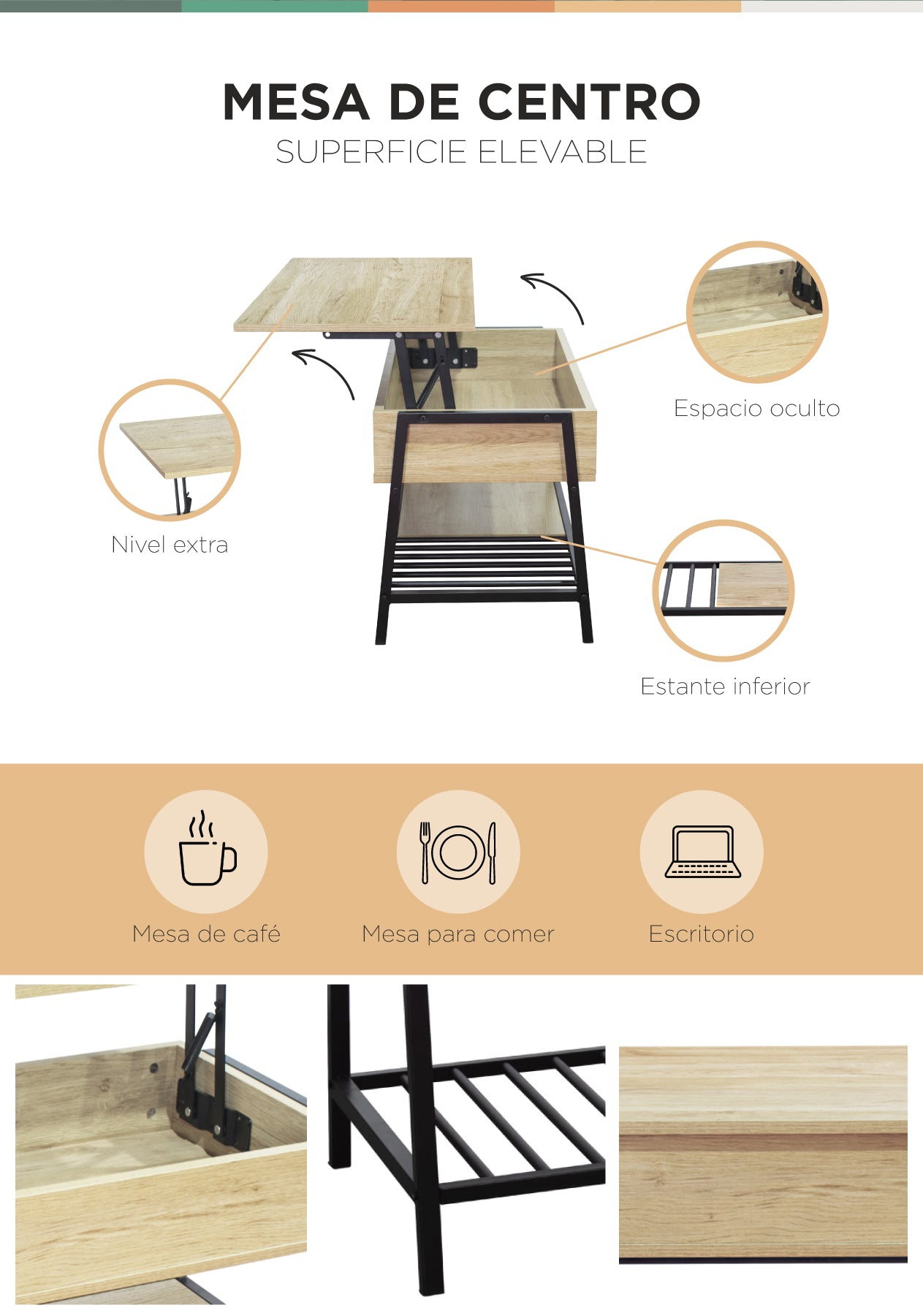 Mesa de Centro Elevable con Compartimento Interno Oculto