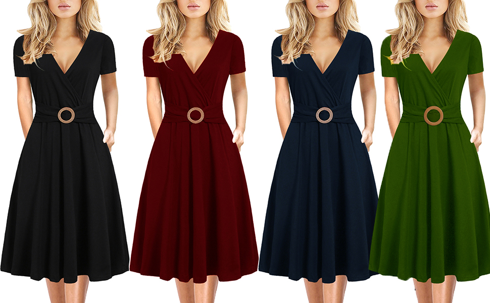 Women Criss-Cross Faux Wrap Vintage Short Sleeve Work Casual Party Tea Swing Dress with Pockets