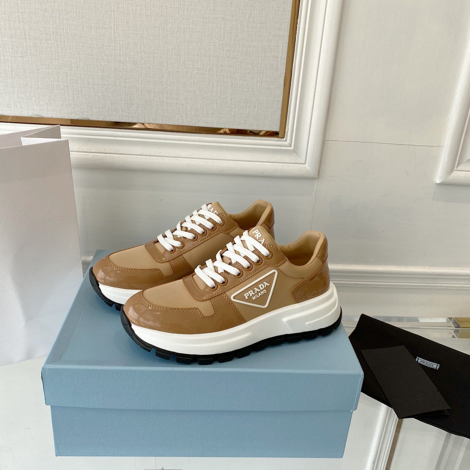 PRADA 25S THICK SOLE SNEAKER IN BROWN CALFSKIN AND CANVAS、mysite、Cacoeks