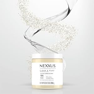 Nexxus Scalp Scrub jar with a helix molecule of marine minerals and oils.