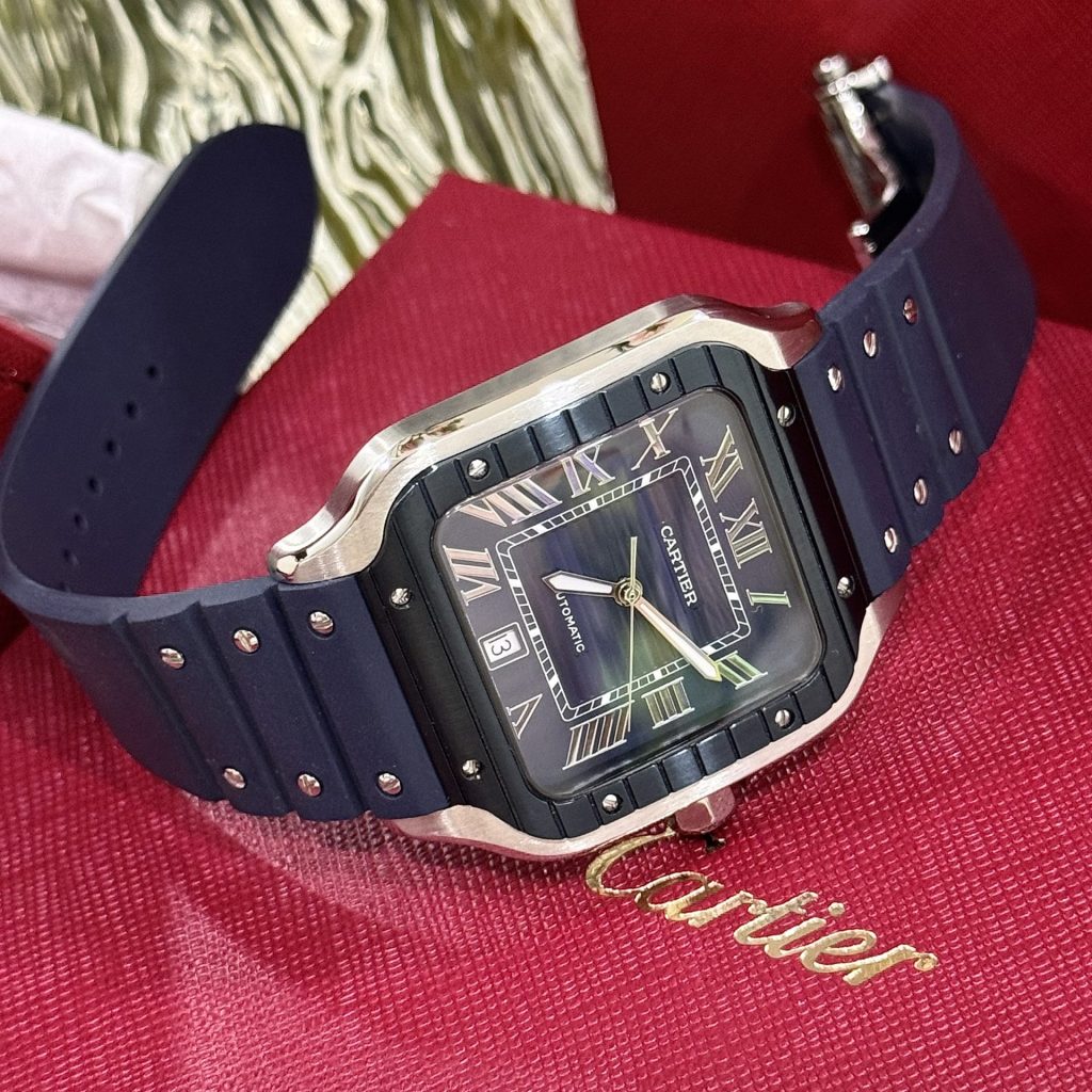 Đồng Hồ Cartier Santos Dây Cao Su Màu Xanh Dương Nhà Máy BV 39 (2)