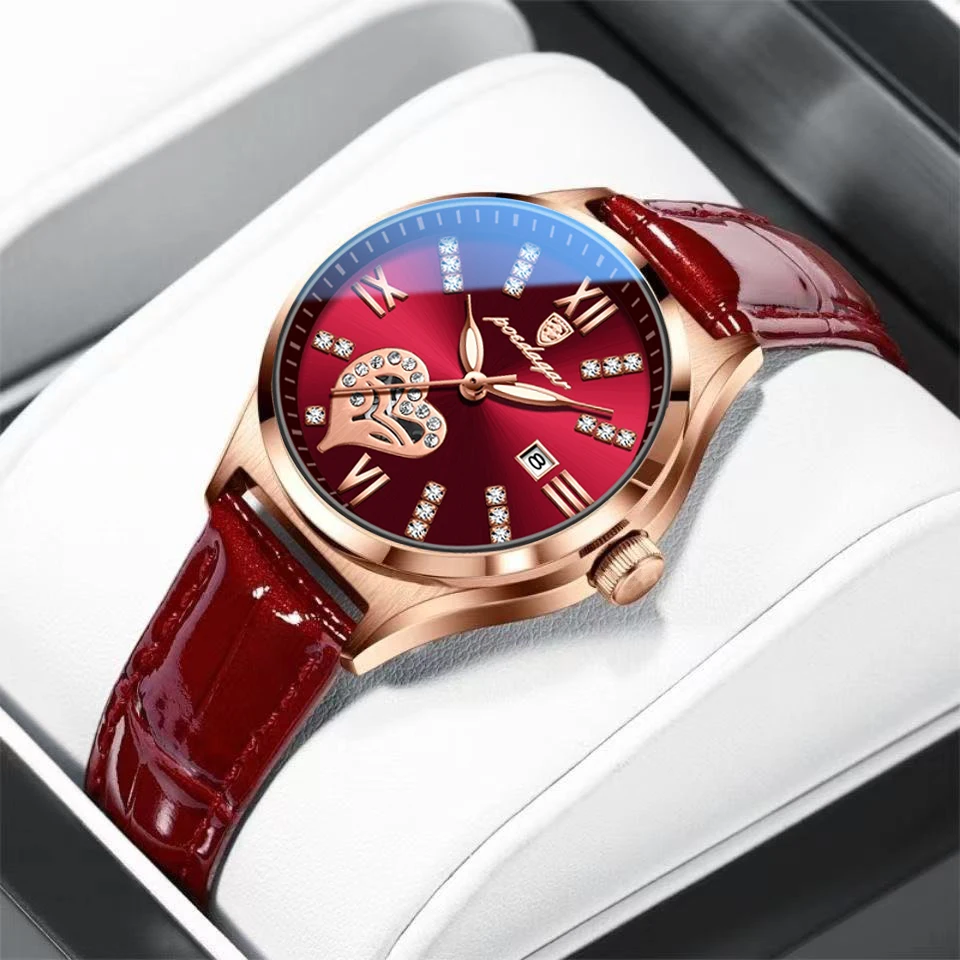 POEDAGAR 2022 Women Watches Fashion Leather Romance Red Dial Luxury Ladies Watch Waterproof Quartz Date Wristwatch