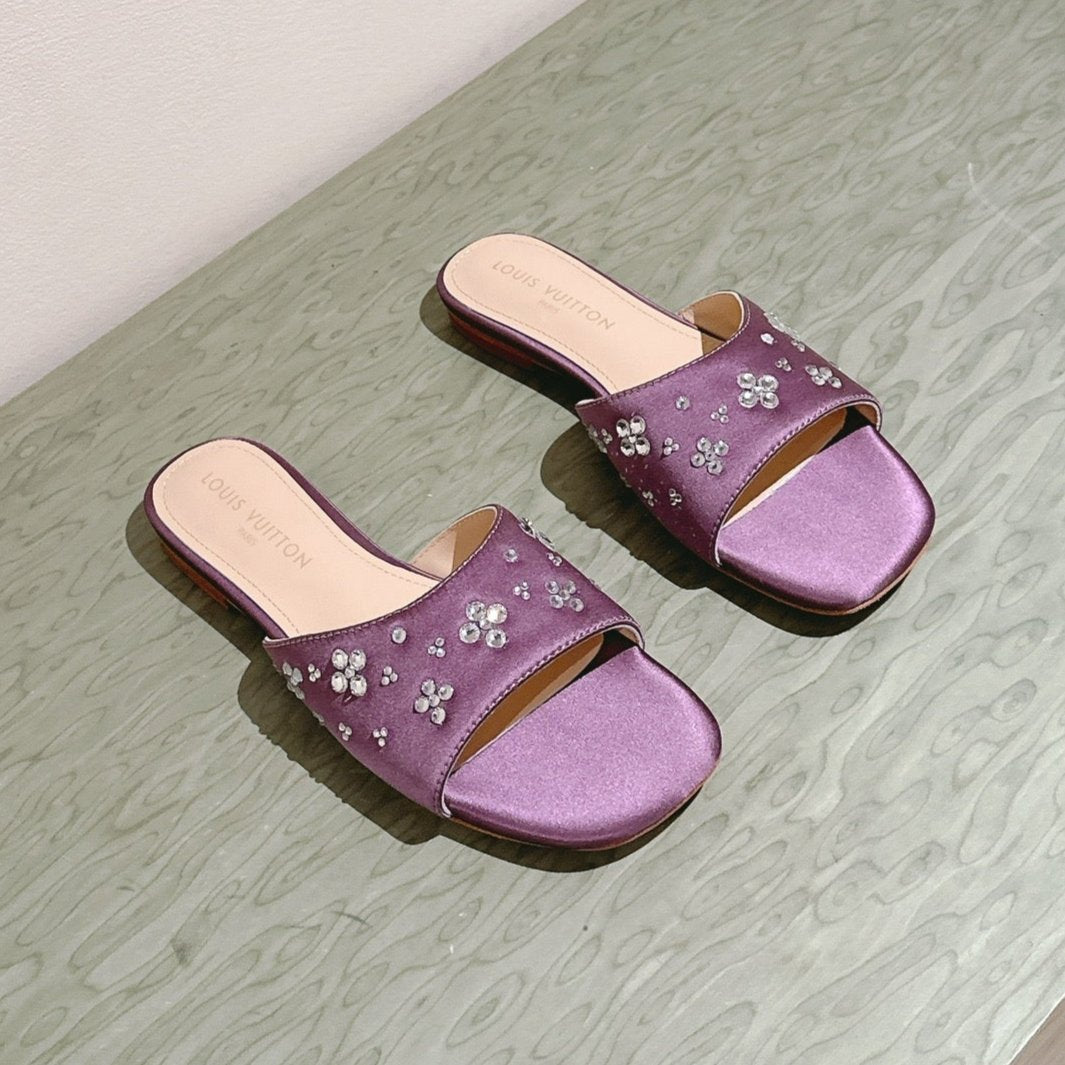 LV WOMEN FLAT MULE IN MAUVE PURPLE SATIN WITH RHINESTONE、mysite、Cacoeks