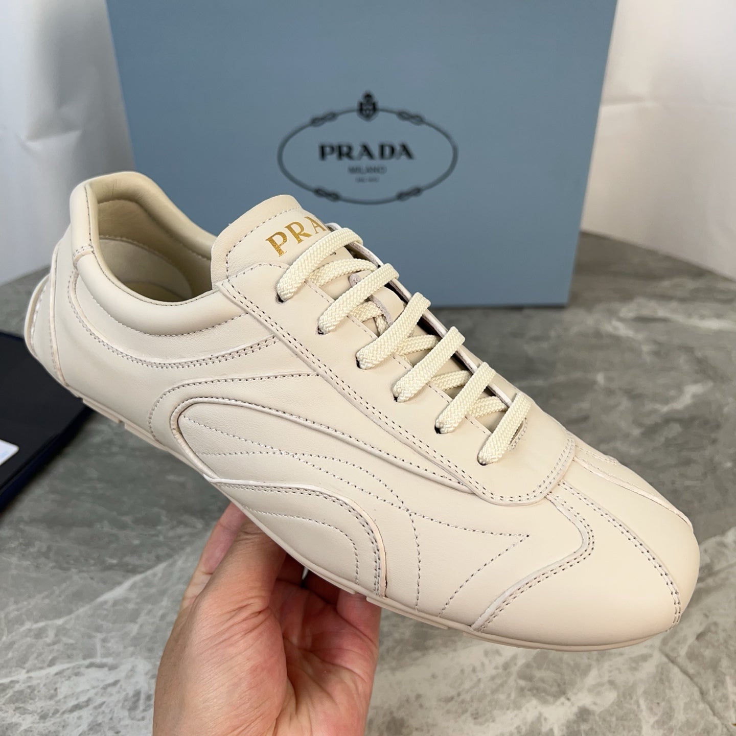 PRADA 25S MONTECARLO ANTIQUED SNEAKERS IN CHALK WHITE NAPPA LEATHER、mysite、Cacoeks